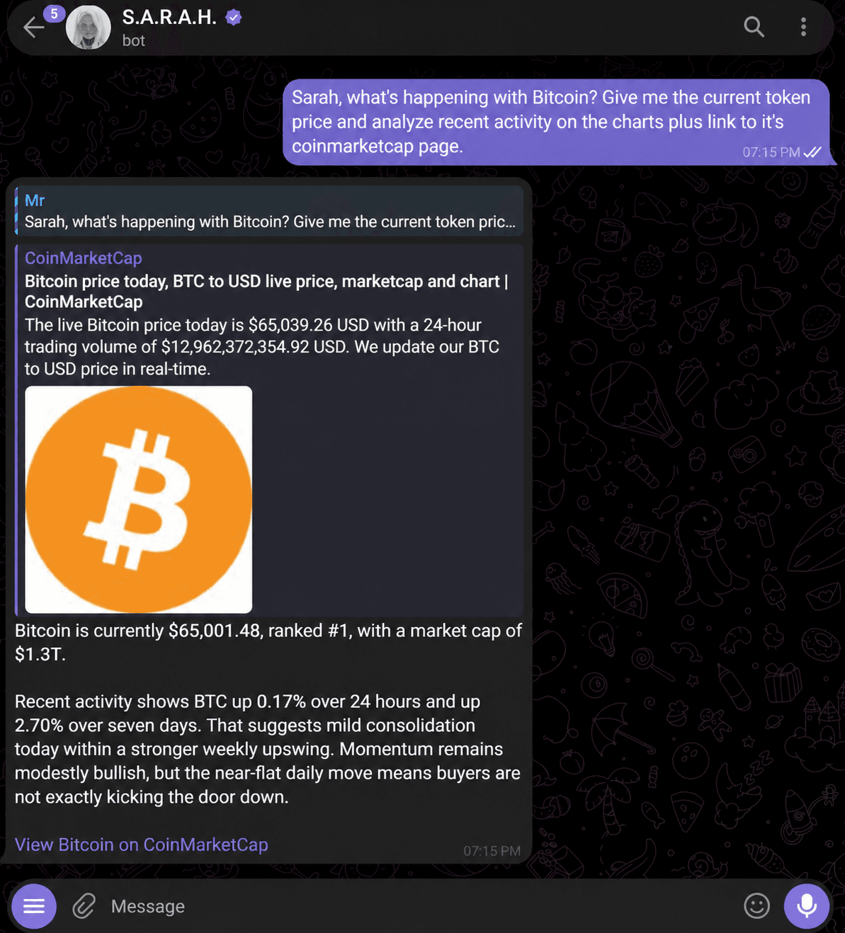 S.A.R.A.H. answering a Telegram question with Bitcoin's current price, market rank, market cap, recent chart activity, and a CoinMarketCap source link.