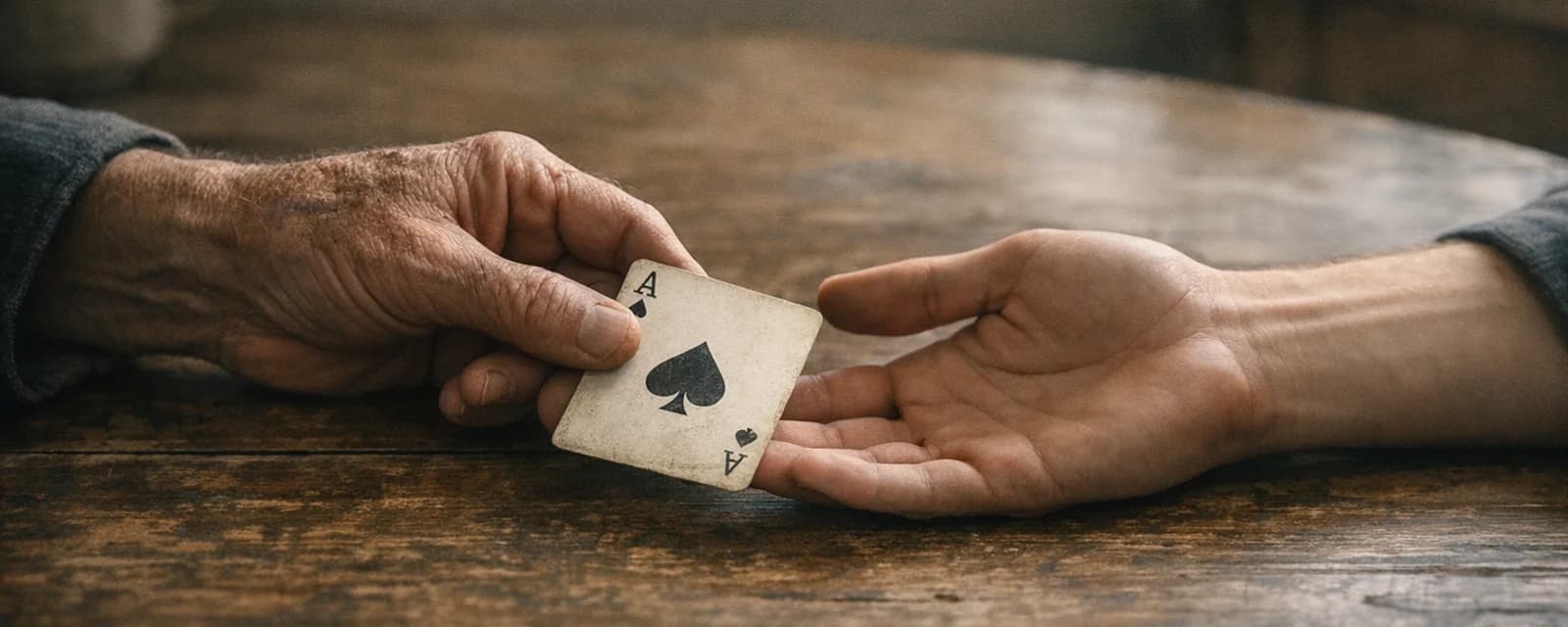 Weathered hands passing a single ace across a worn wooden table.